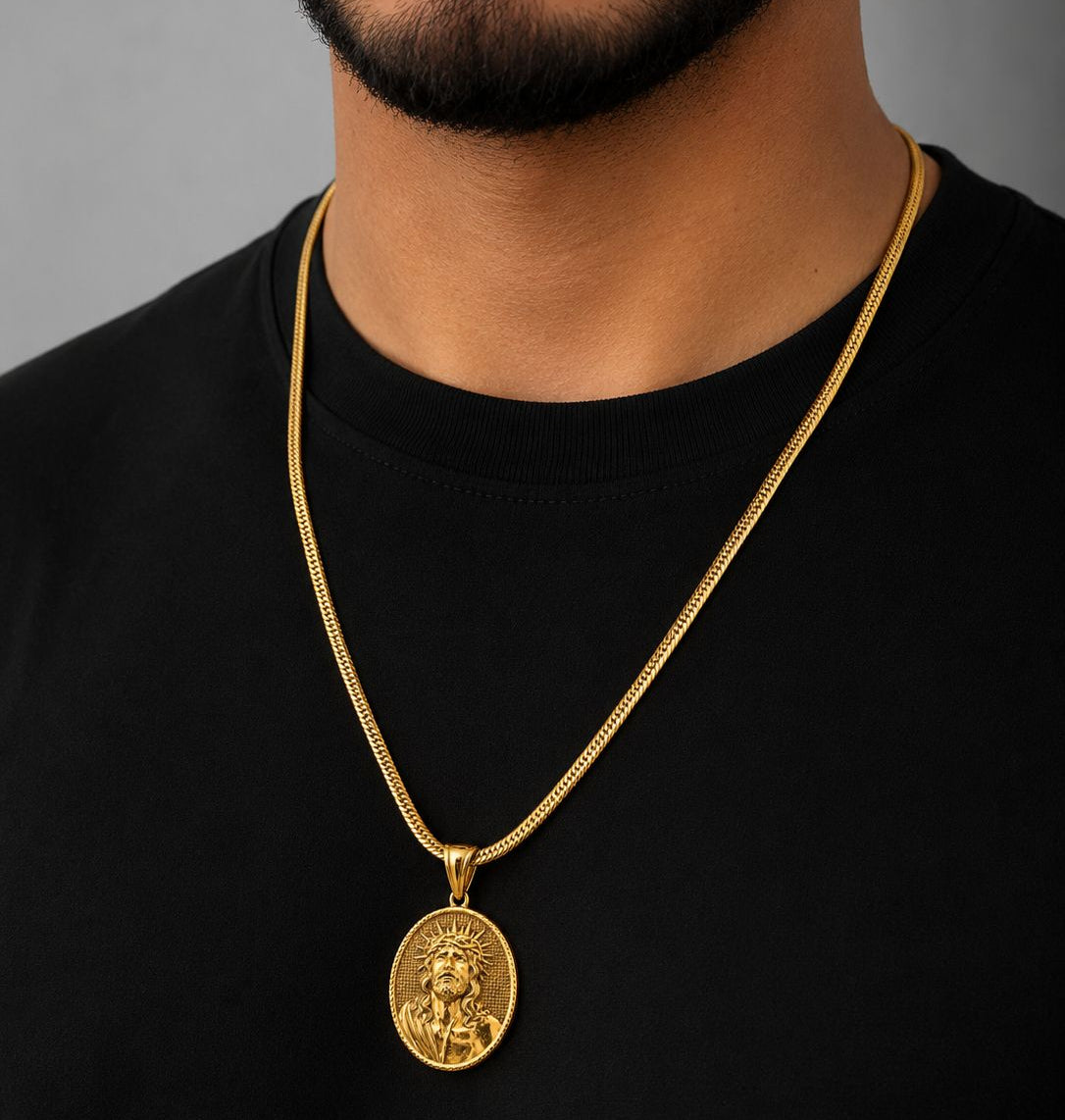 CADENA SERPIENTE + DIJE MEDALLA CRISTO - Hombre
